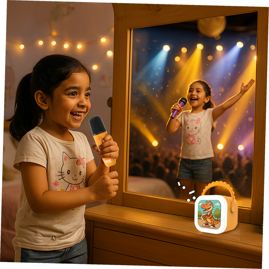 A parent and toddler singing into the karaoke mic