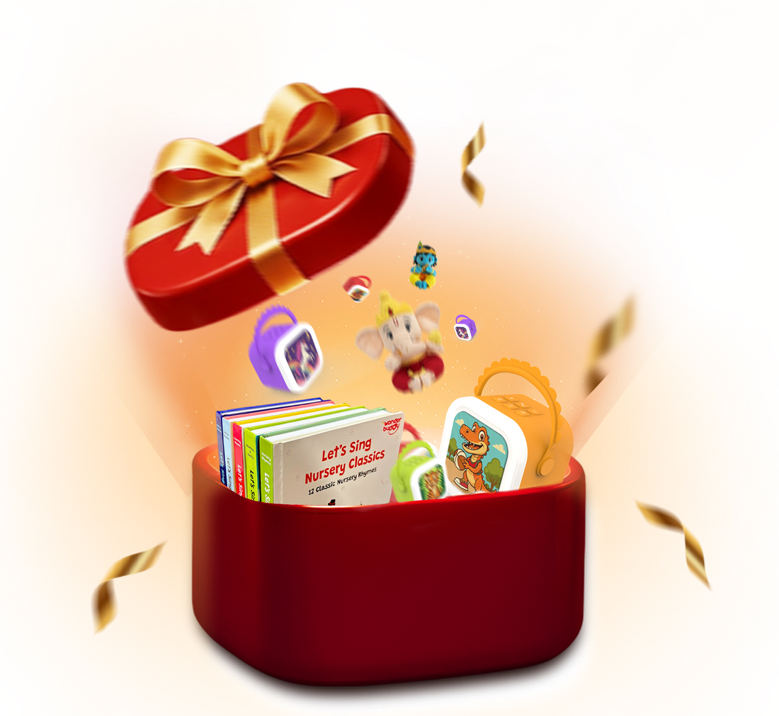 An open WonderBuddy gift box full of toys and story boxes