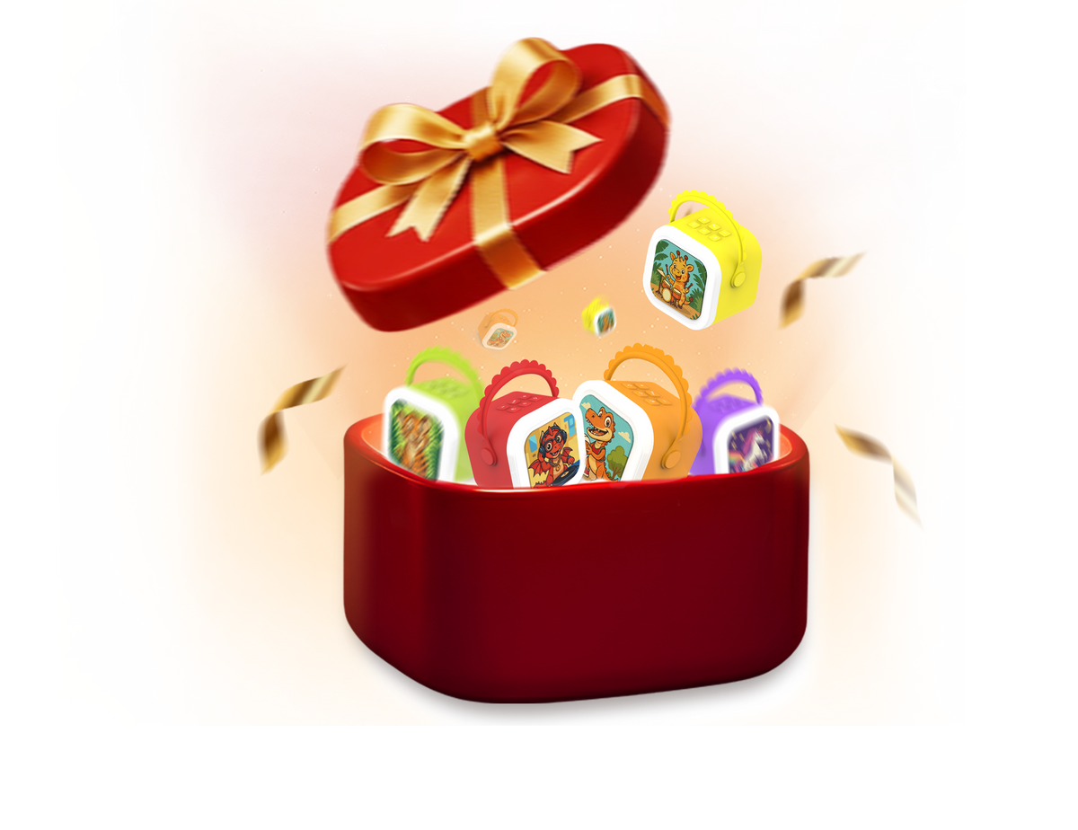 A gift box filled with StoryBox Mini players