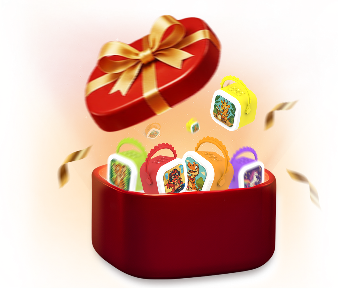 A gift box filled with StoryBox Mini players