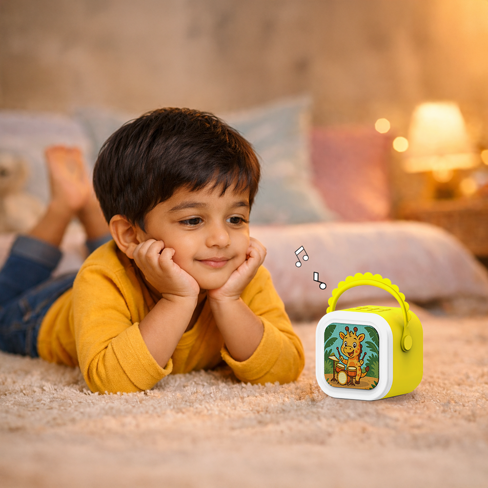A child singing with the StoryBox Mini karaoke mic