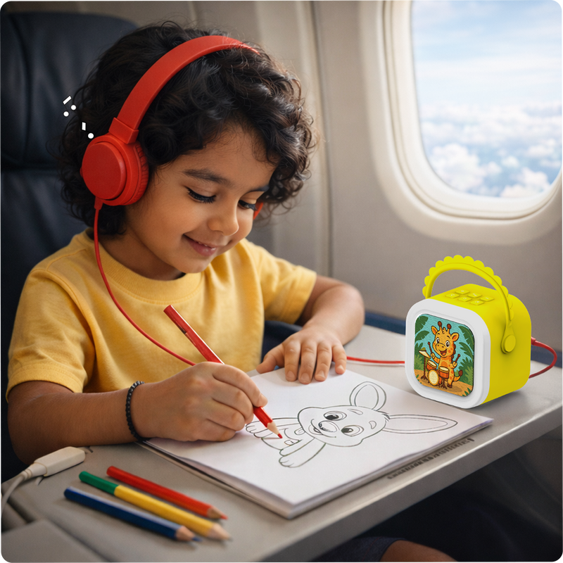 A child listening through headphones while travelling