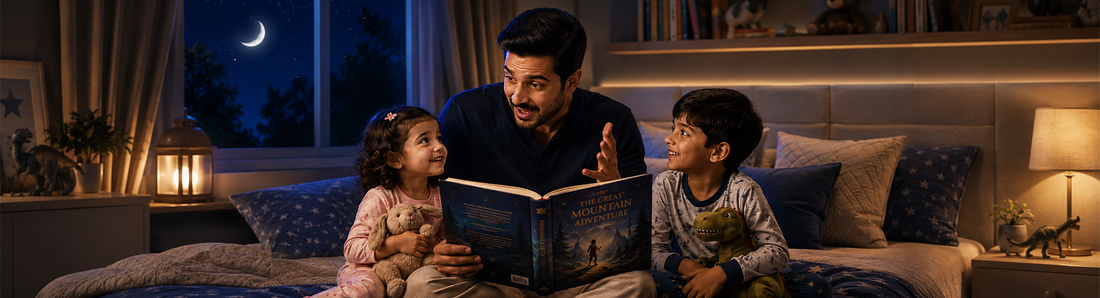 Father is telling adventure stories to his son and daughter 