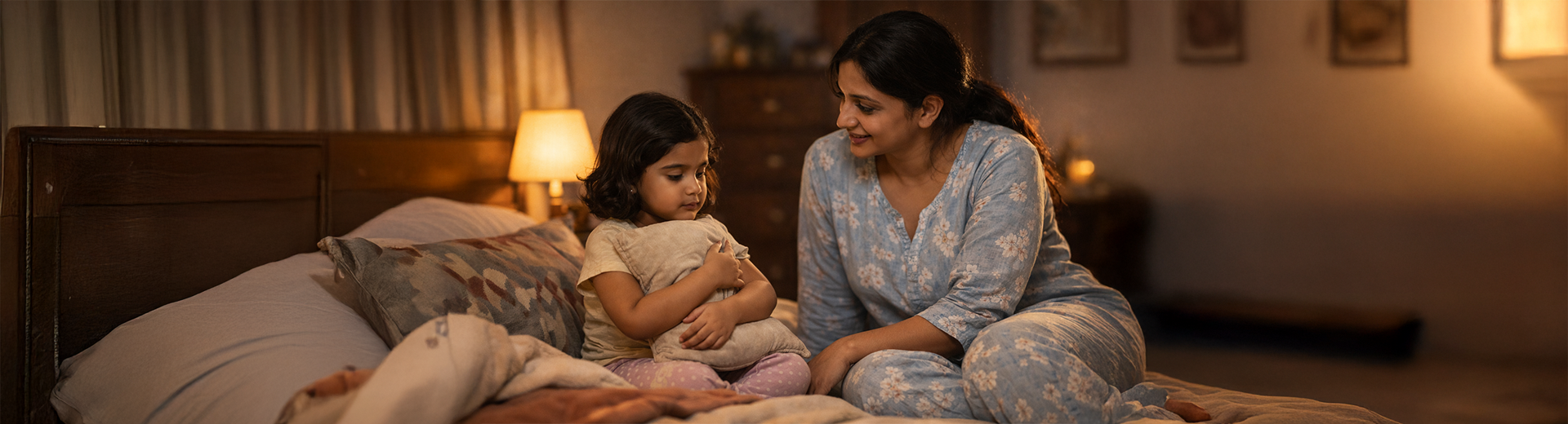 Mother sits on the bed beside her young child hugging a pillow, offering comfort and support in a warm, softly lit bedroom.