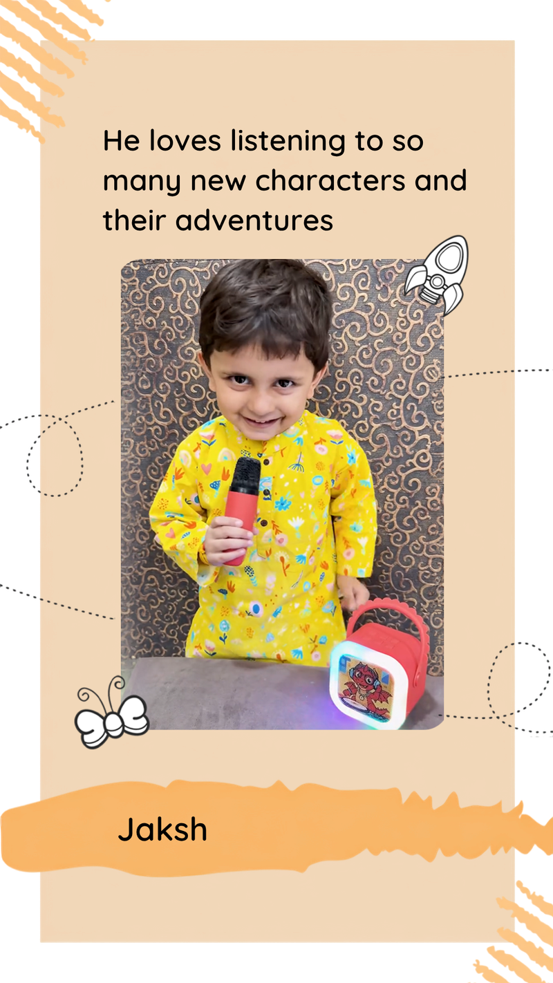 A girl showing her StoryBox Mini