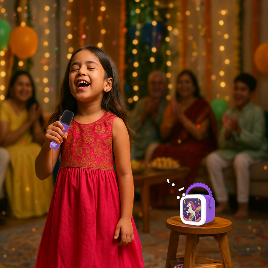 A parent and toddler singing into the karaoke mic