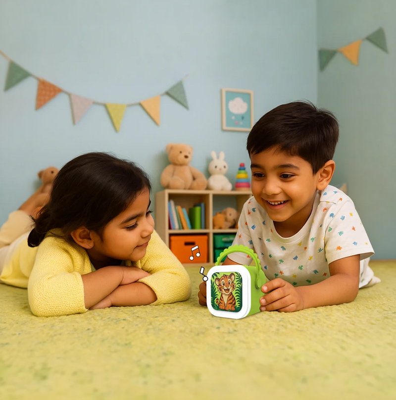 Two children playing together with StoryBox Mini