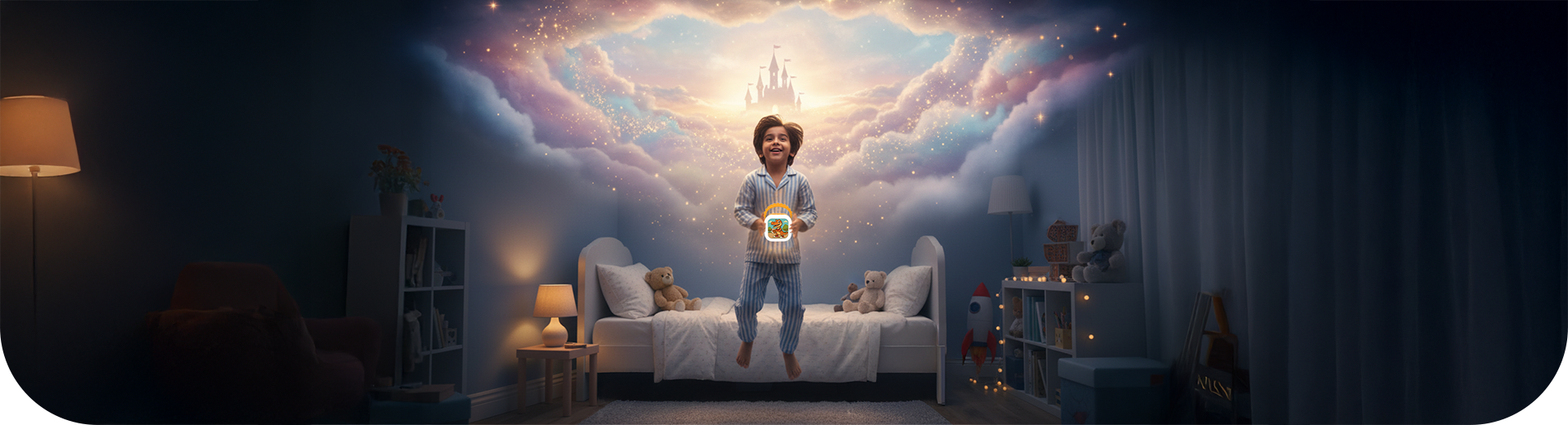 Smiling child in pajamas holding a WonderBuddy speaker, surrounded by dreamy clouds and a glowing castle, symbolizing bedtime stories and imagination.