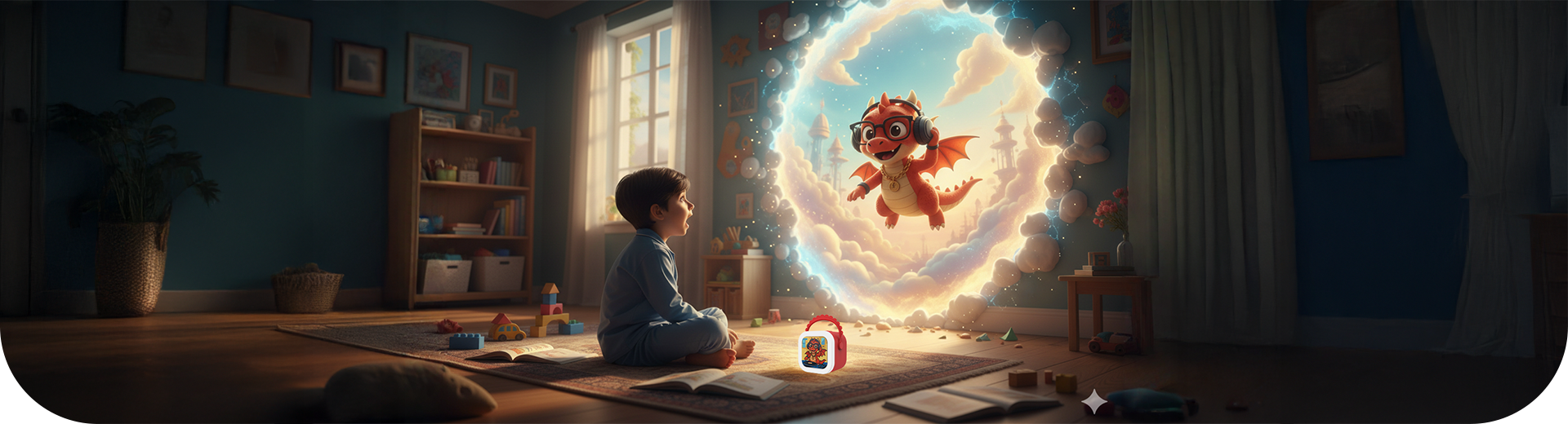 Boy sitting on floor watching a friendly dragon emerge from a magical portal, representing WonderBuddy’s stories and adventures that spark imagination.
