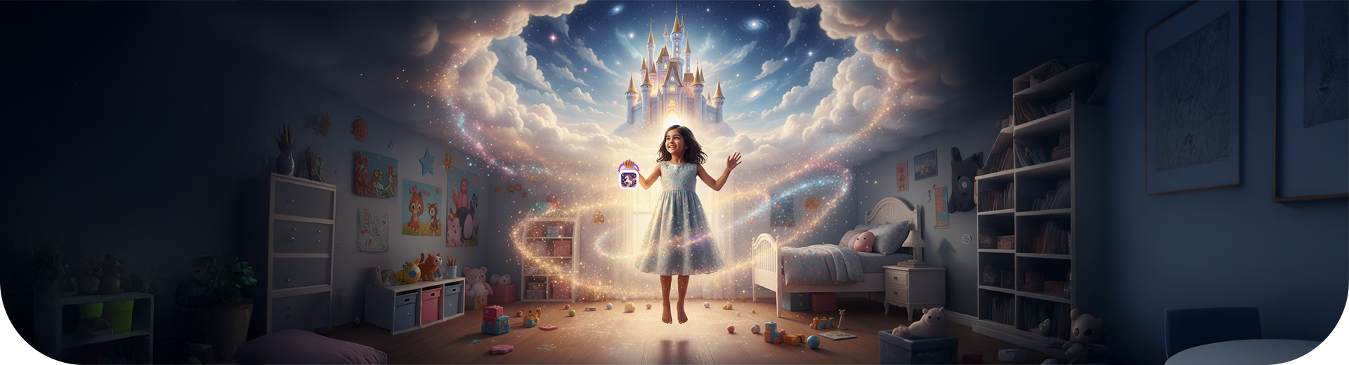 Girl holding WonderBuddy speaker floating in a magical room with sparkles and a castle, symbolizing imagination and independence.
