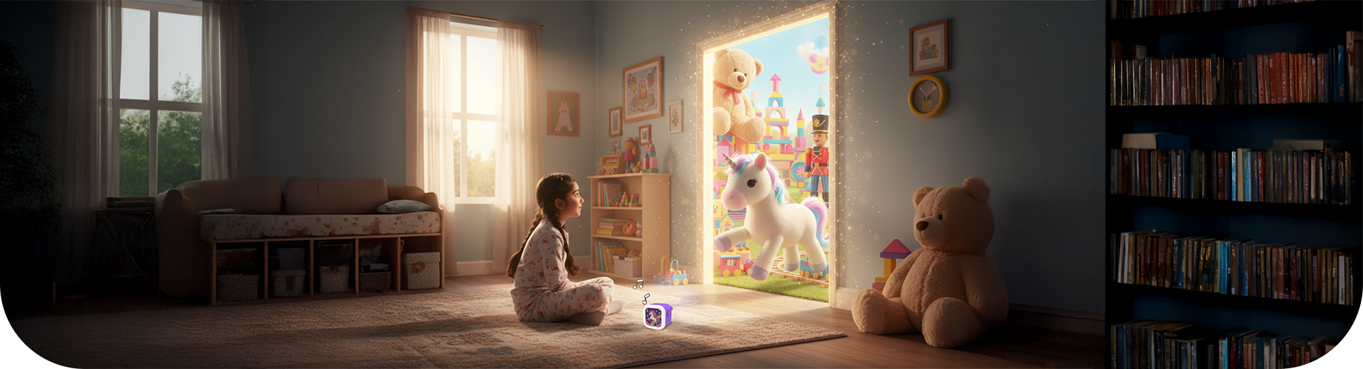 Child watching a magical doorway open with teddy bears and a unicorn  representing WonderBuddy kids’ audio speaker that inspires imagination and screen-free storytelling.