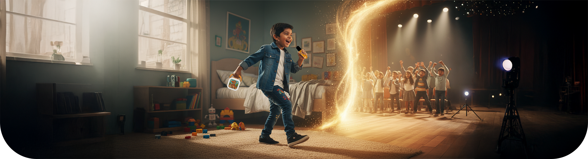 Smiling boy holding a WonderBuddy kids’ microphone toy steps through a glowing portal from his bedroom to a stage filled with cheering children  symbolizing confidence, creativity, and the joy of performing with WonderBuddy.
