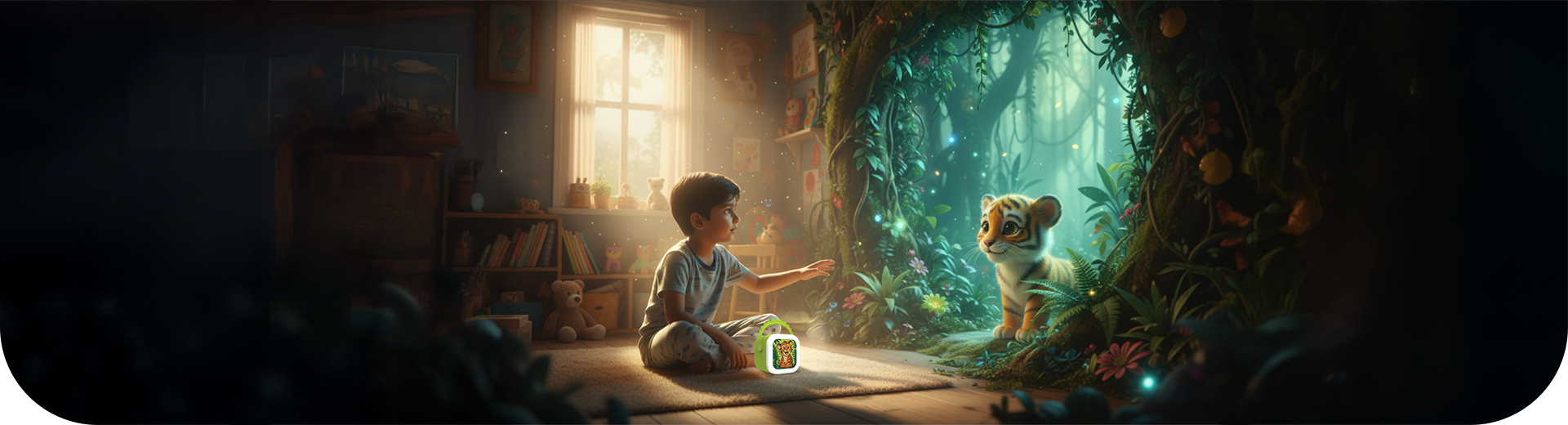 Boy listening to the WonderBuddy screen-free audio storyteller, reaching out to a baby tiger in a magical, lush jungle
