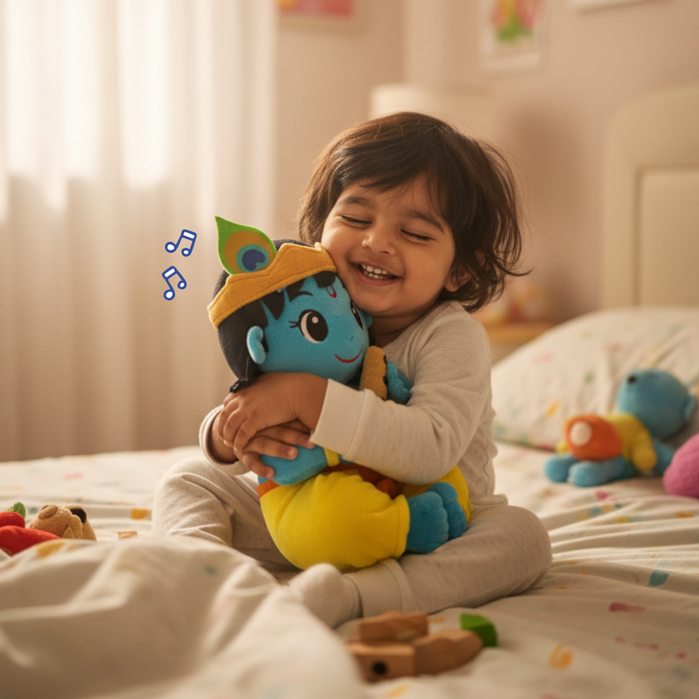 Toddler hugging a WonderBuddy Divine Plush