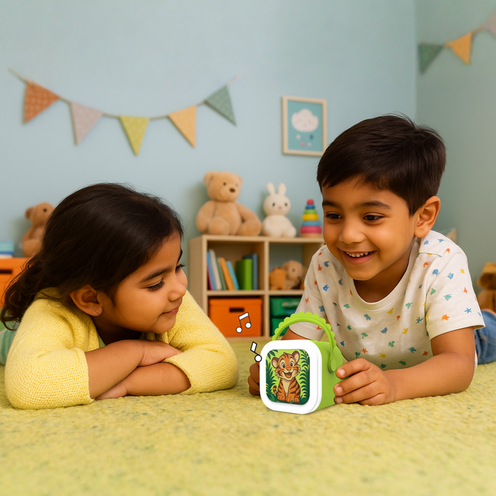 Children listening to a StoryBox Mini