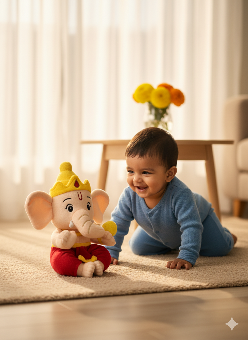 Baby reaching for a Ganesha Divine Plush