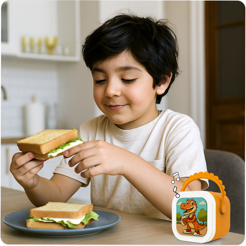 A child listening to StoryBox Mini outdoors