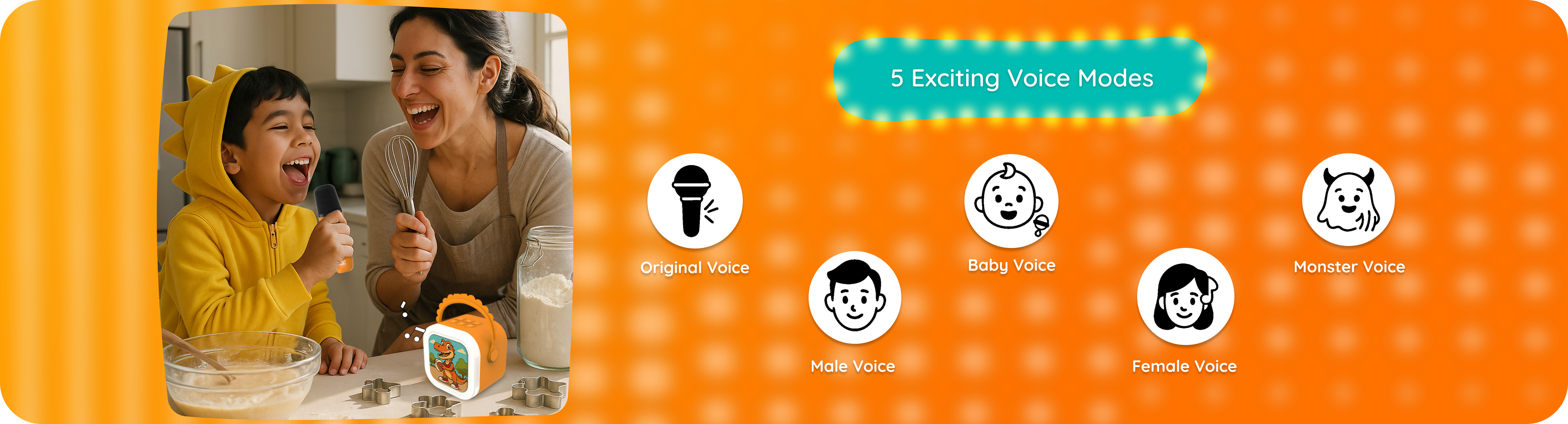 A graphic for the Wonderbuddy's 5 Exciting Voice Models feature, making audio stories more engaging for kids