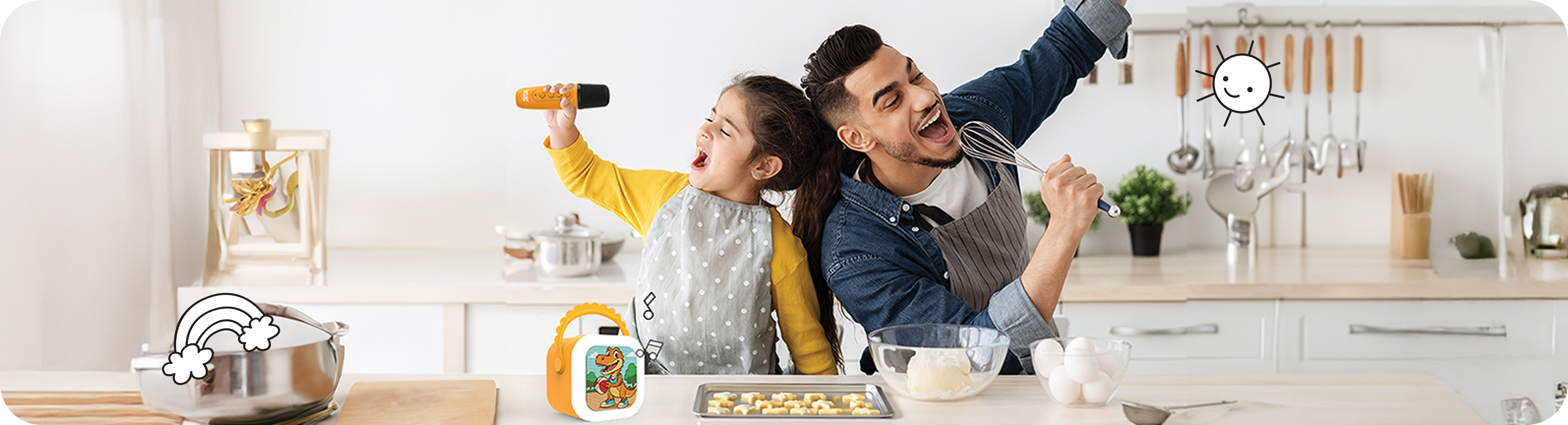 A father and child having fun baking, singing with the Wonderbuddy's karaoke mic in the kitchen