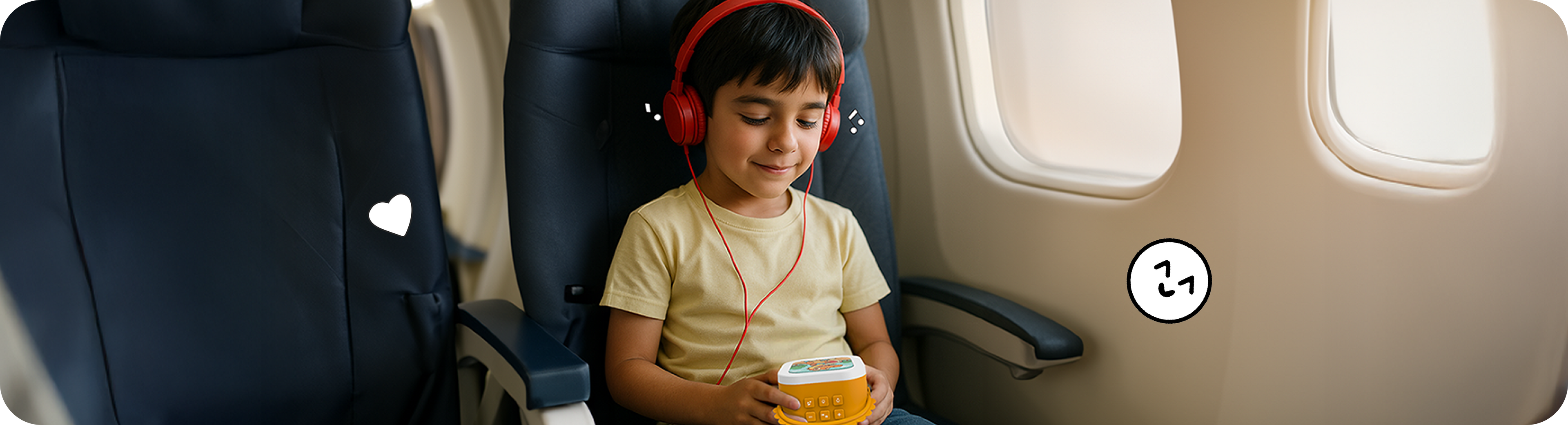 A child in an airplane seat, using headphones to listen to stories for kids on the Wonderbuddy audio storyteller, the perfect screen free toy for travel.
