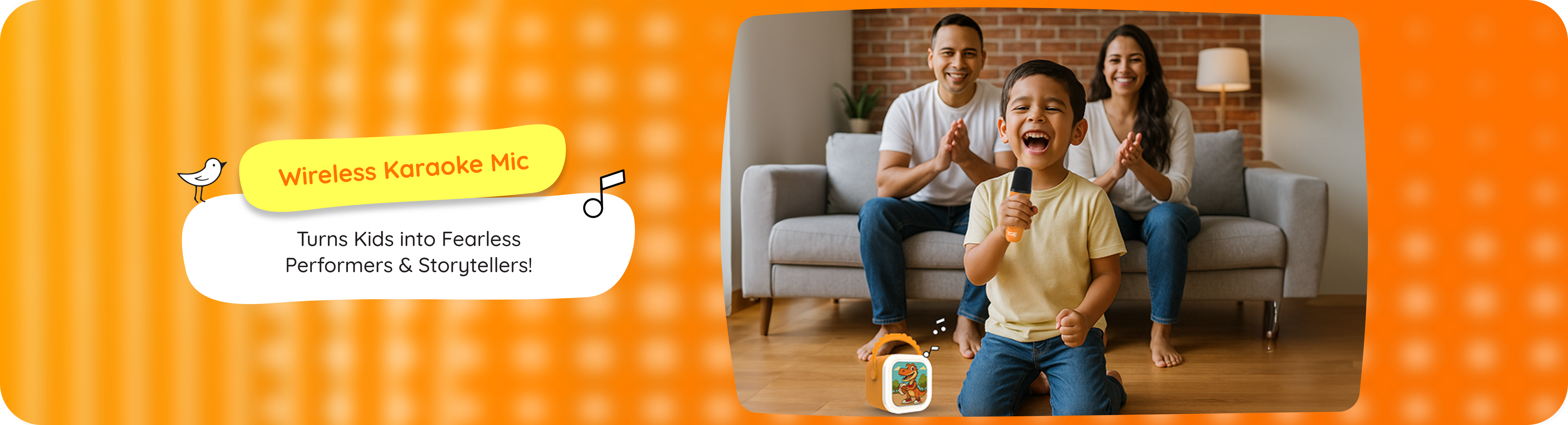 A happy family sings along to songs and stories for kids using the wireless karaoke mic included with their Wonderbuddy audio storyteller