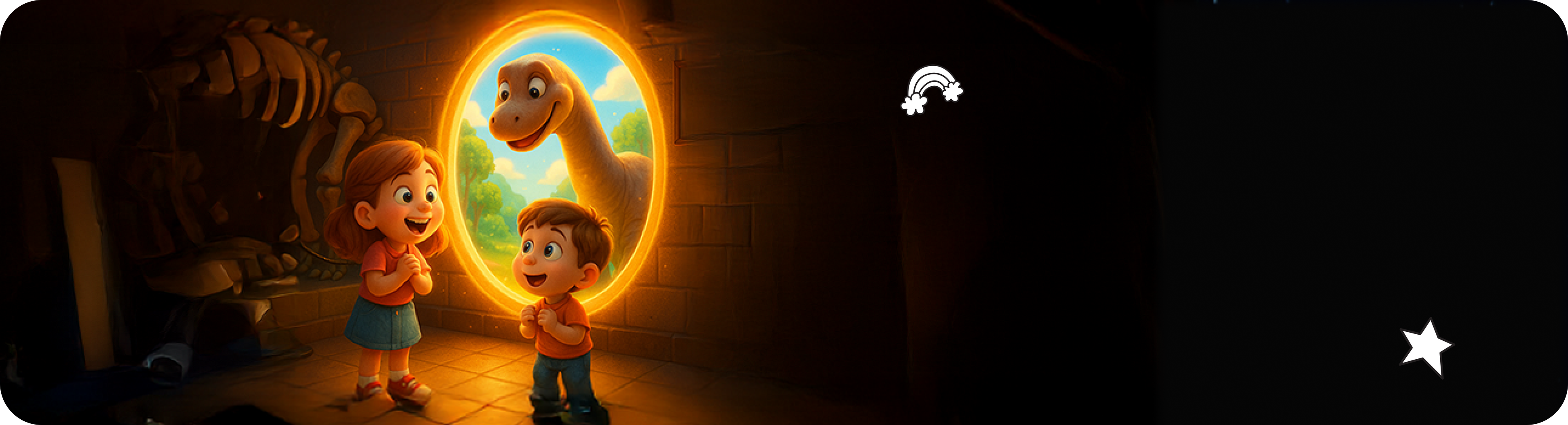 Two children in a dark room, imagining a dinosaur outside their window