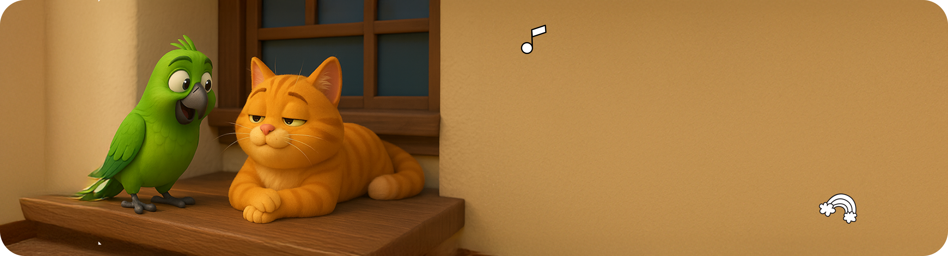 A cartoon cat and a parrot in a scene from one of the classic stories for kids that teach moral lessons