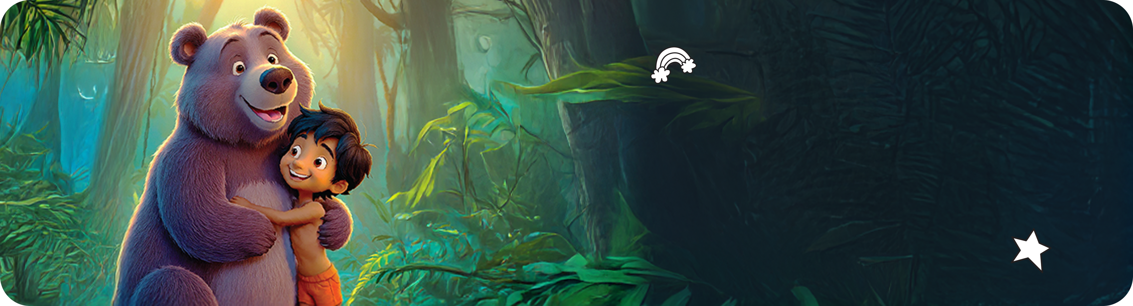 An animated scene of Mowgli and Baloo from The Jungle Book, one of the classic stories for kids' that sparks a love for adventure