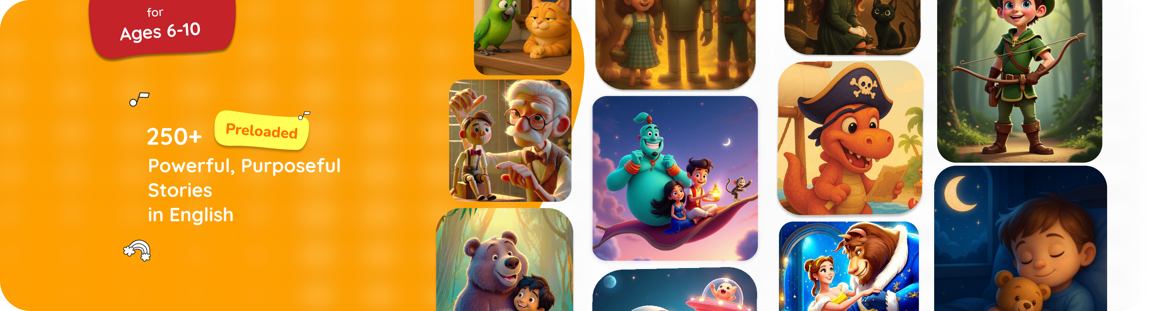 A collection of beloved animated characters from classic stories for kids', inspiring imagination through audio stories