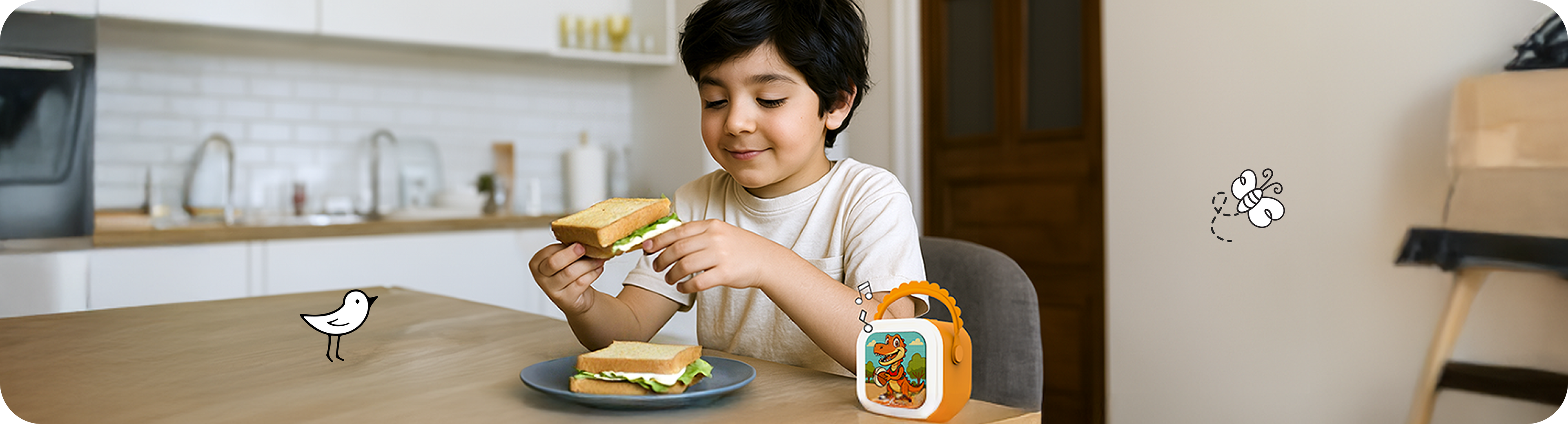 A child eating a sandwich at the kitchen table while listening to stories for kids on their Wonderbuddy audio player