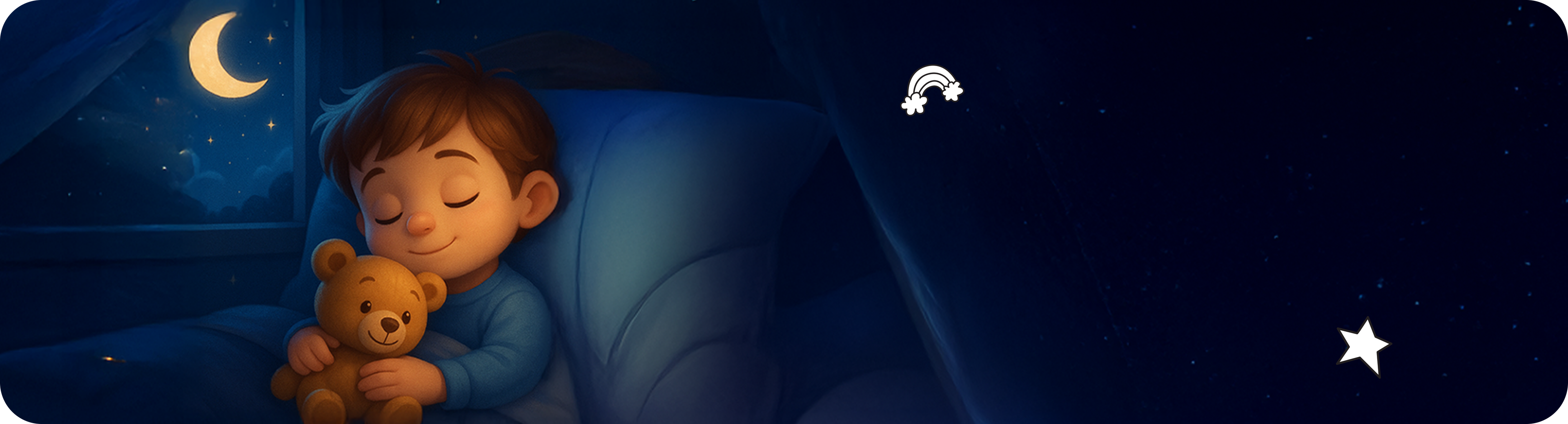 A child sleeping peacefully with a teddy bear, dreaming under stars and a moon while listening to bedtime stories on their Wonderbuddy