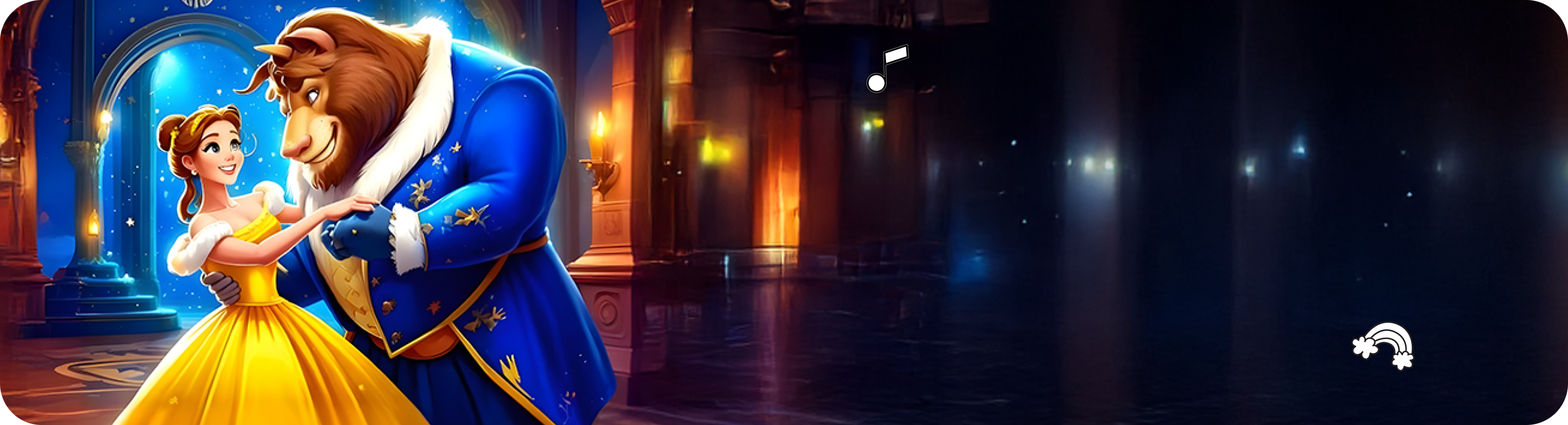  Belle and the Beast in the grand hall, from the classic fairy tale' that sparks imagination in stories for kids