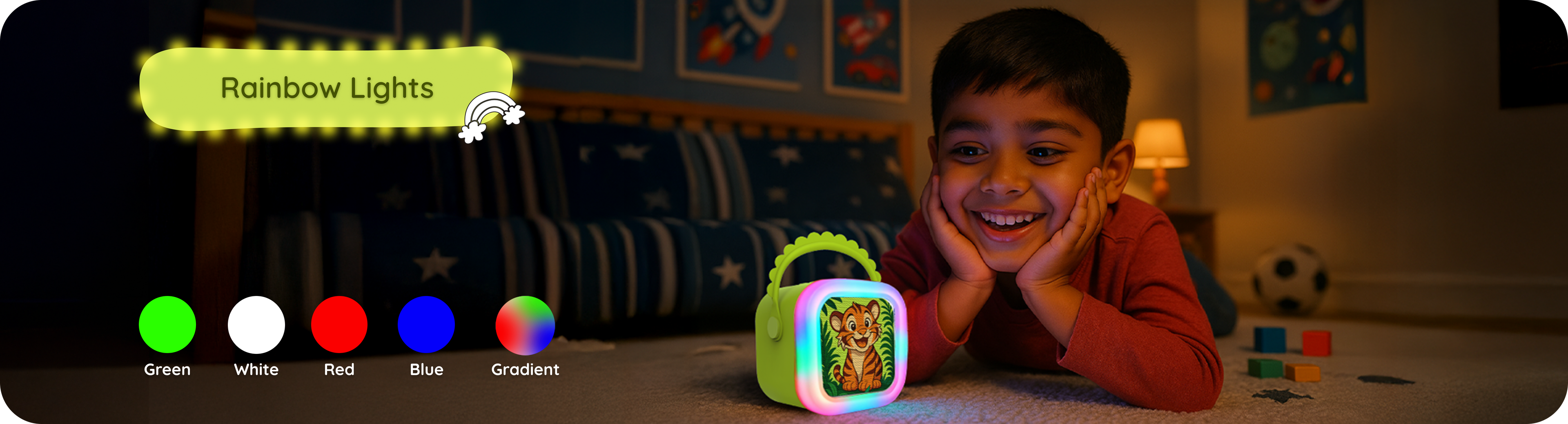 Child playing with a WonderBuddy StoryBox Mini that emits rainbow lights in a dark room.