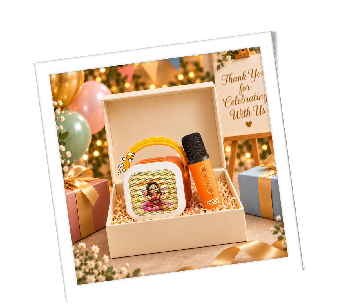 A gift box with a Bhakti StoryBox and festive decorations