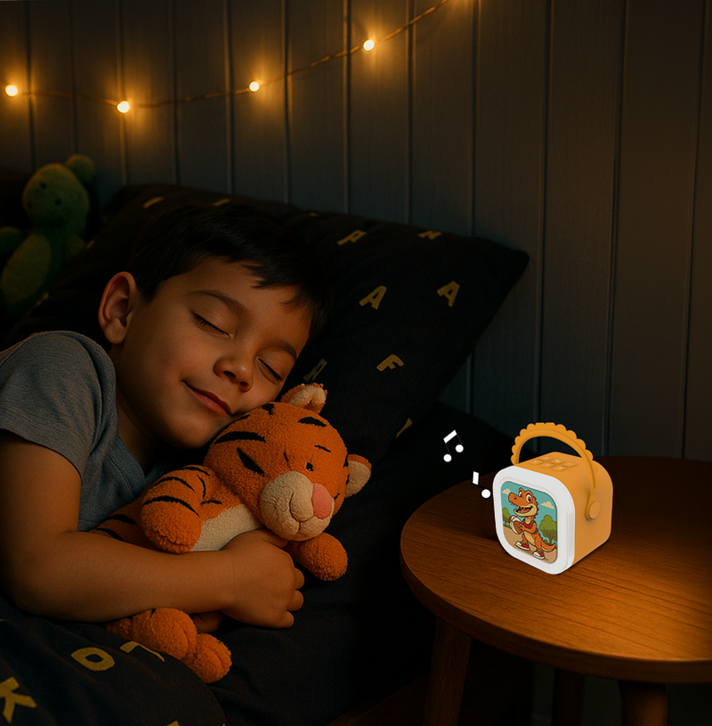 A child asleep beside StoryBox Mini