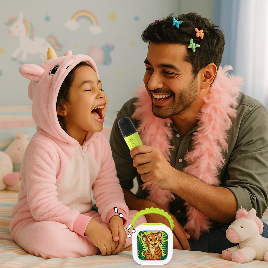 A child listening through headphones beside StoryBox Mini