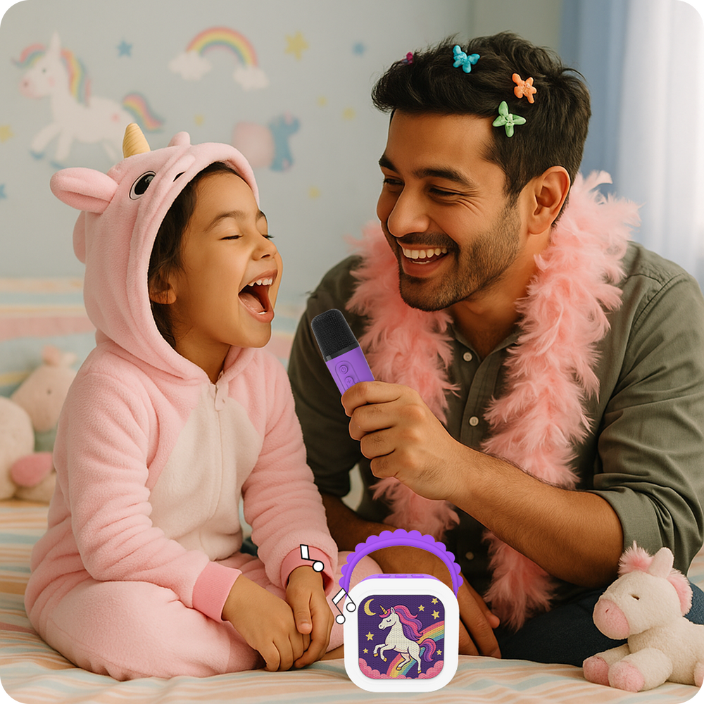 A child singing with the StoryBox Mini karaoke mic