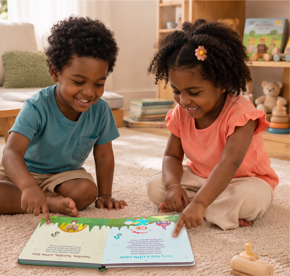 Two children reading a musical board book