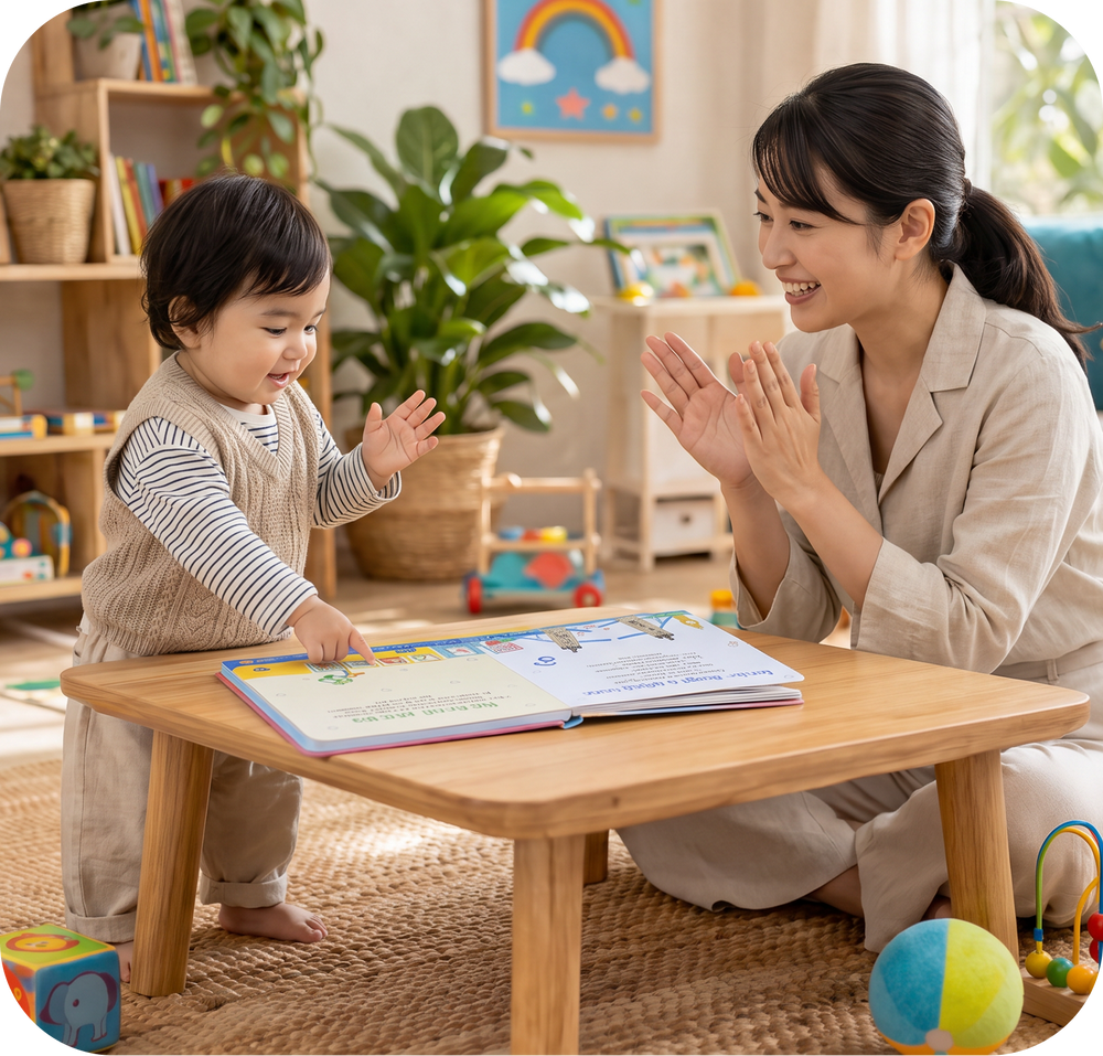 Parent reading a picture book with a toddler