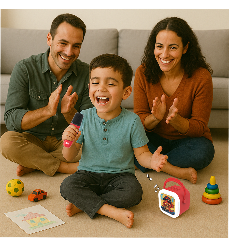 A parent and toddler singing into the karaoke mic