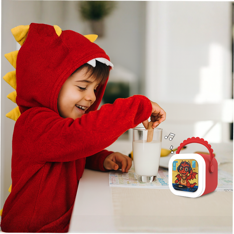 A child listening to StoryBox Mini outdoors
