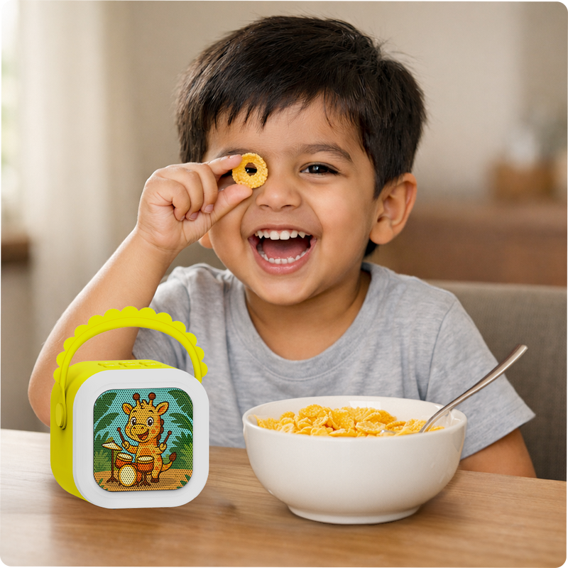 A child listening to StoryBox Mini outdoors