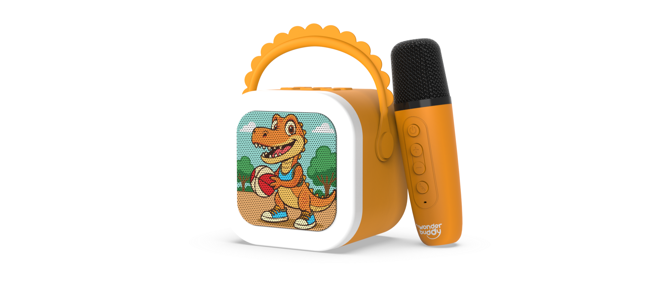 The Wonderbuddy StoryBox Mini in the orange Dino design, a screen free audio player for stories for kids.