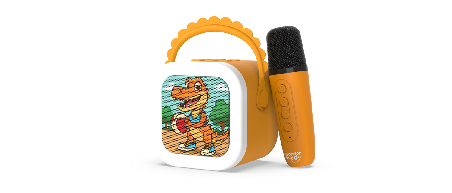 The Wonderbuddy StoryBox Mini in the orange Dino design, a screen free audio player for stories for kids.