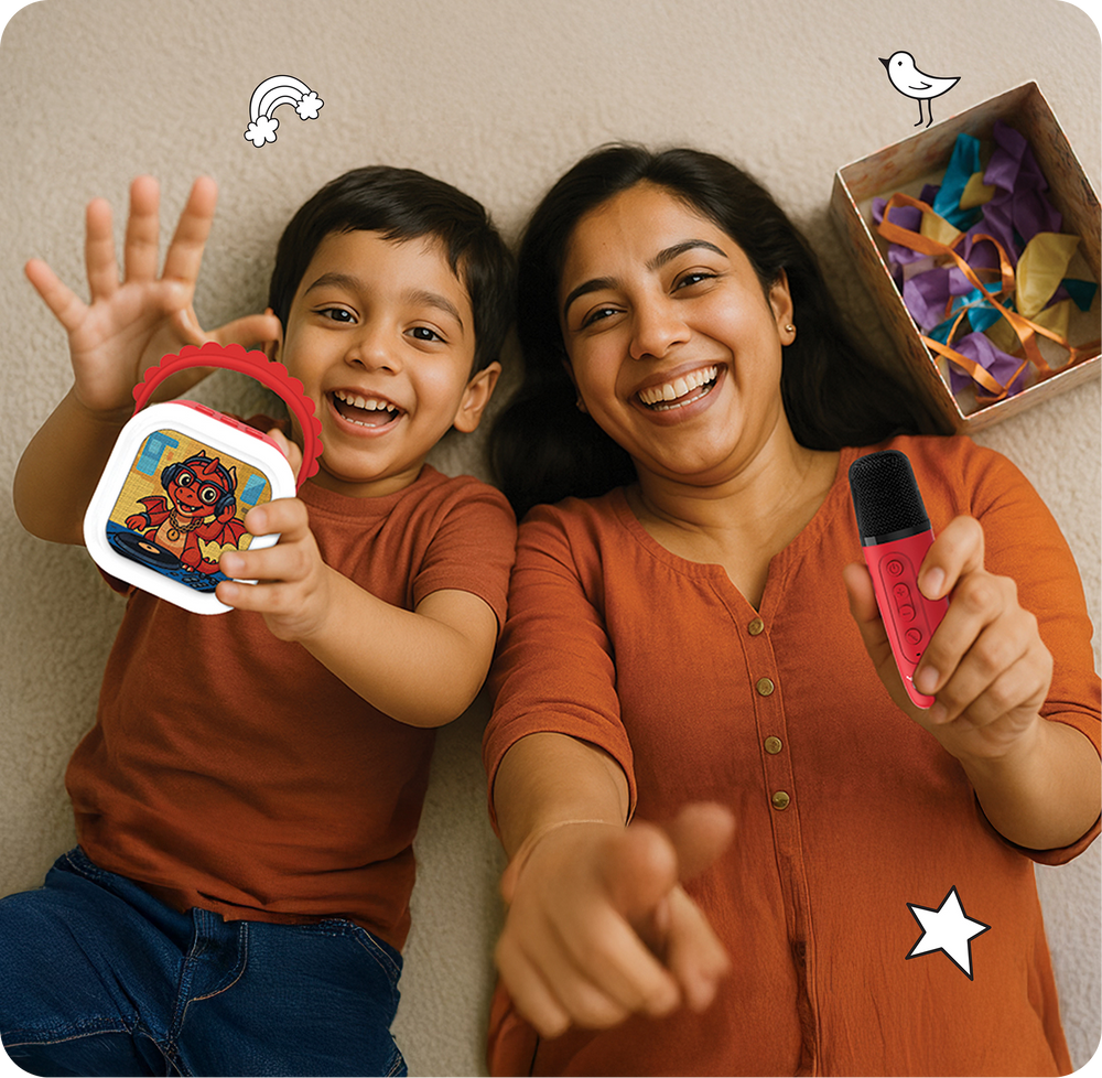 A child singing with the StoryBox Mini karaoke mic