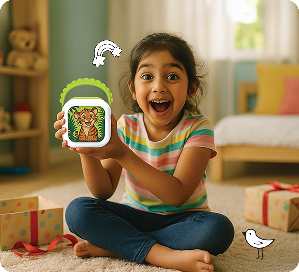 A child singing with the StoryBox Mini karaoke mic