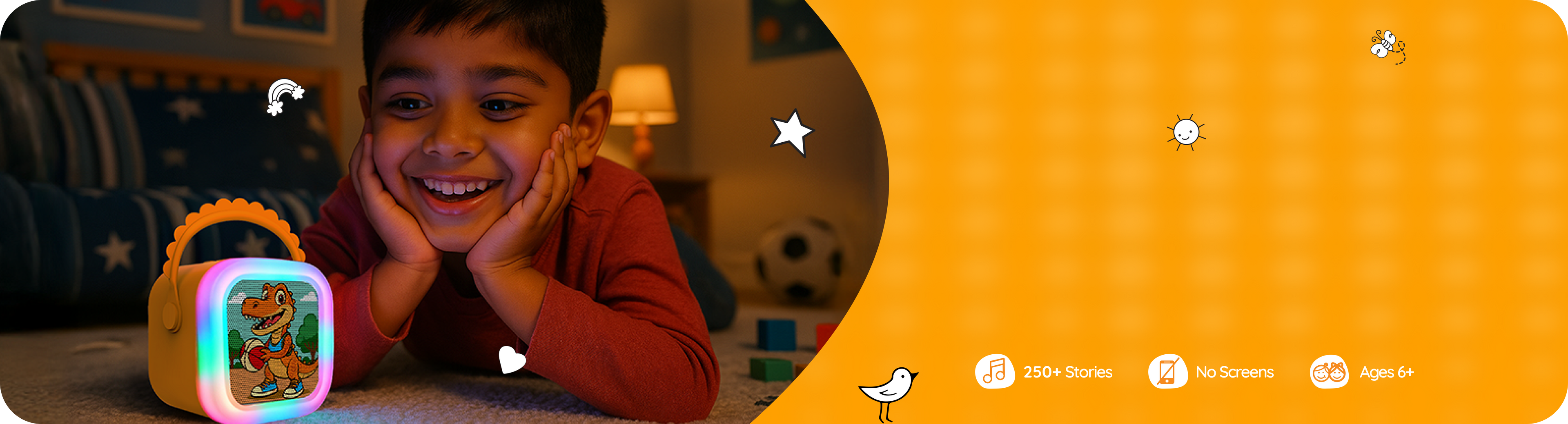 A child plays with their Wonderbuddy audio storyteller in a cozy room, listening to 'short stories for kids