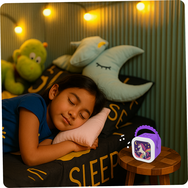 A child asleep beside StoryBox Mini