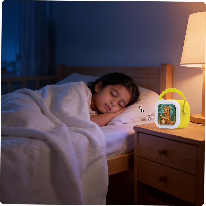 A child asleep beside StoryBox Mini