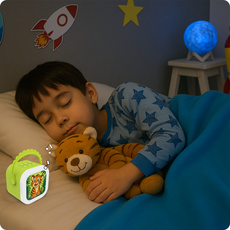 A child asleep beside StoryBox Mini
